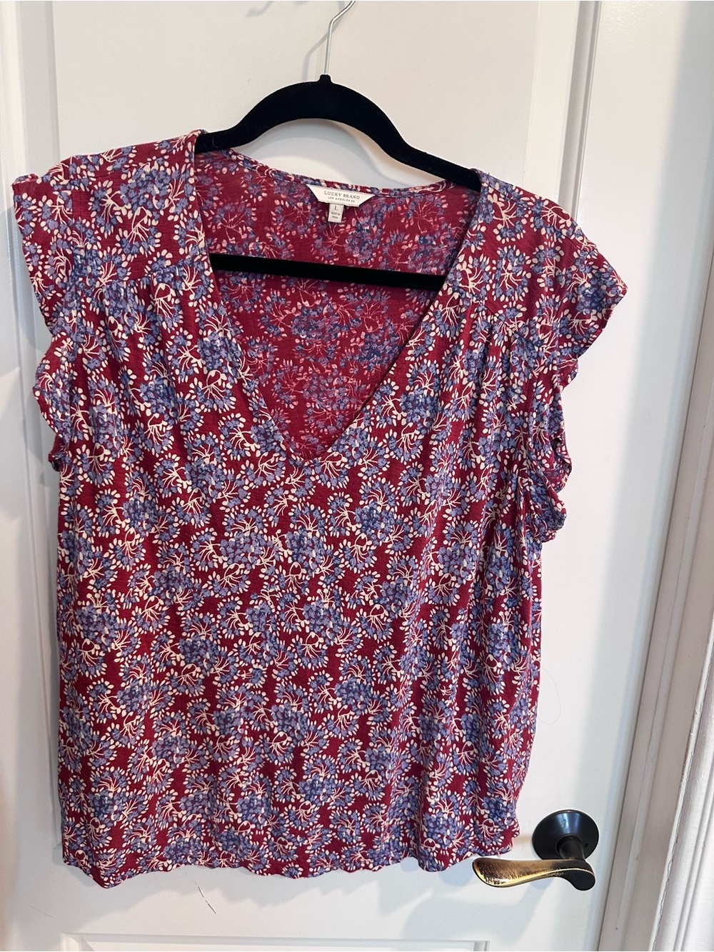Lucky Brand Red, white and blue Floral V-Neck Flutter Sleeve Top